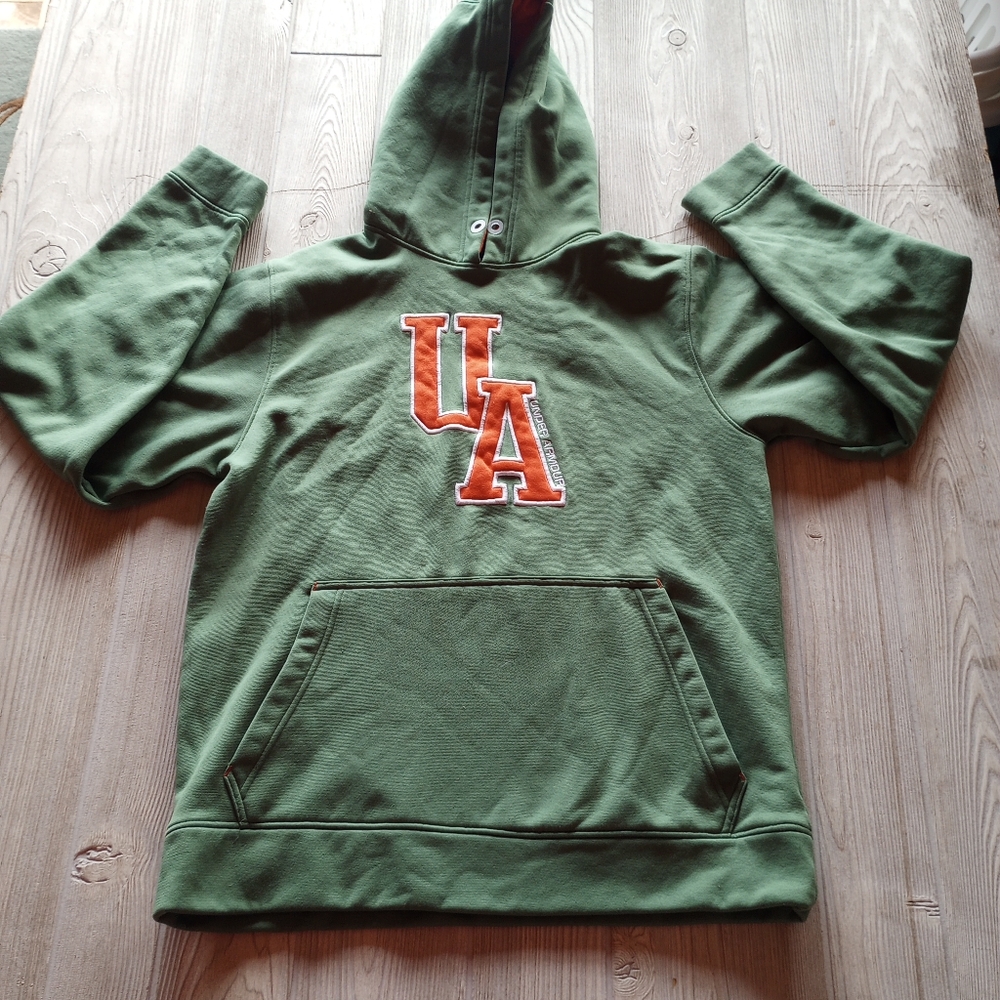Under Armour Sweatshirt Men's Small Green & Oarnge Logo Fleece Hoodie